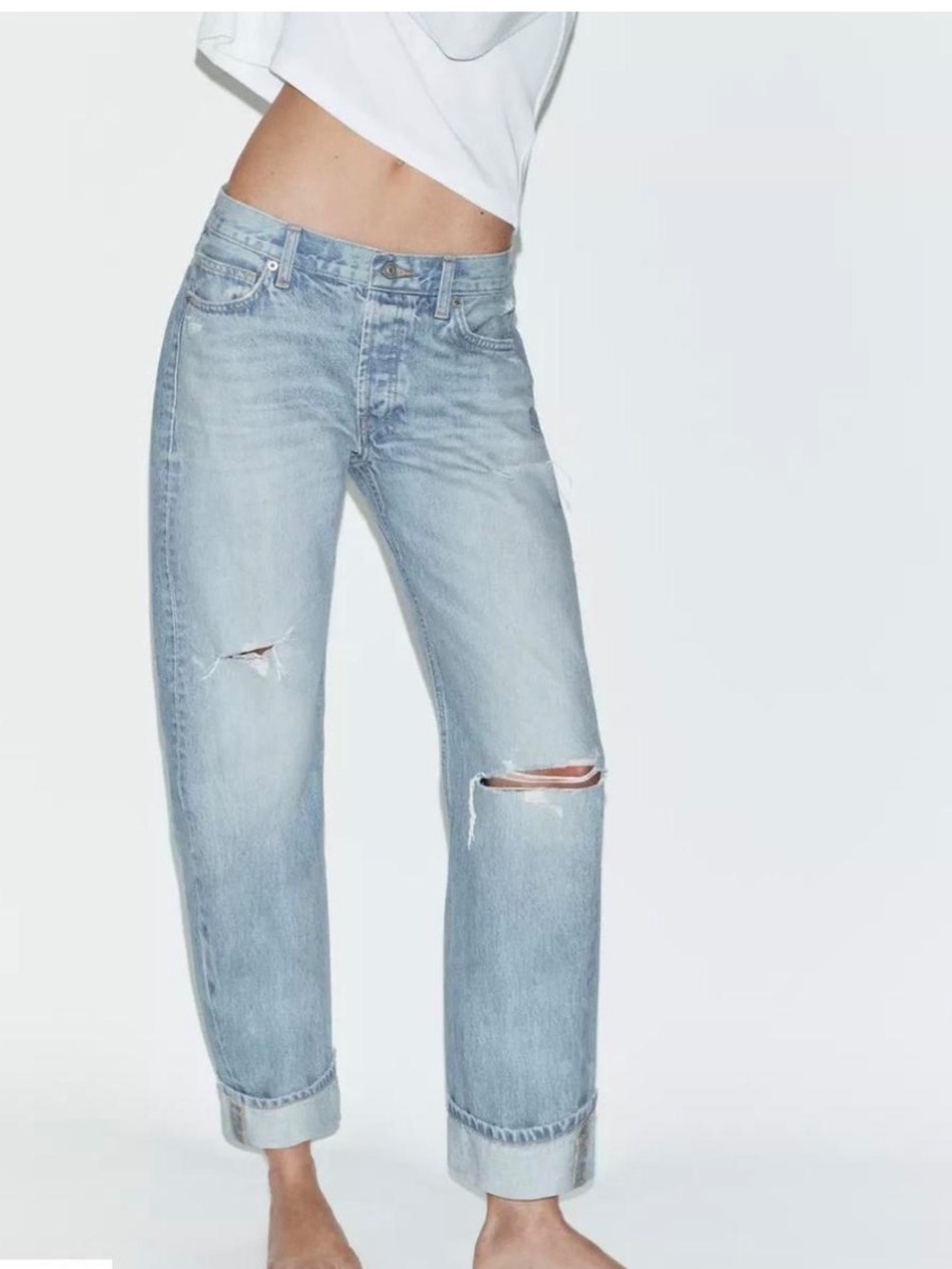 Zara | Fold Up Straight Relaxed mid-Rise Cropped Distressed Jeans Sz 12